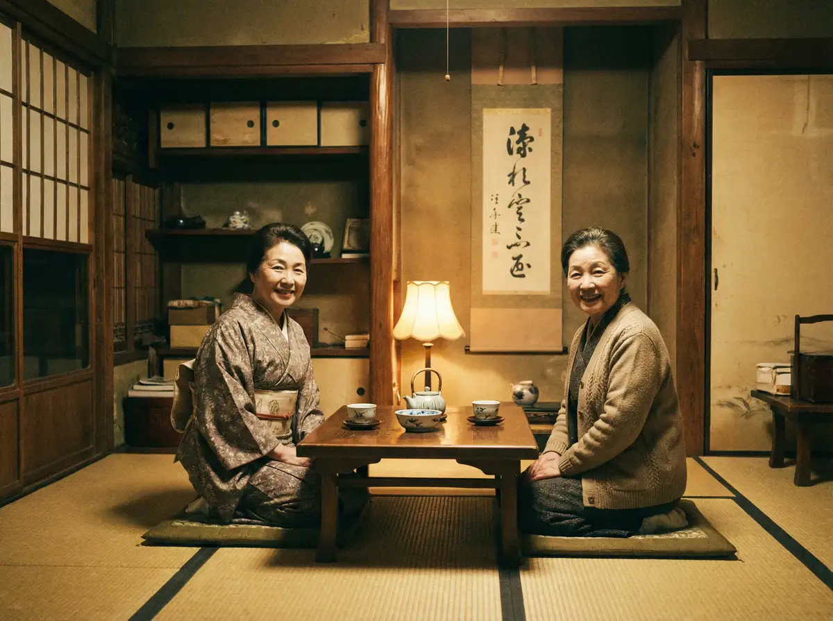 两位优雅的 每日 大赛 +MRDS 在日式茶室中品茶交谈